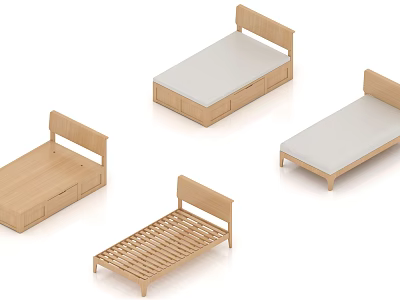 Wooden Single Bed Designs With Storage Drawers And Simple Frame Structures 3d model
