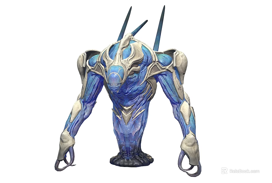 Blue And White Alien Biomechanical Game Movie Character With Spikes And Muscular Limbs 3d model 