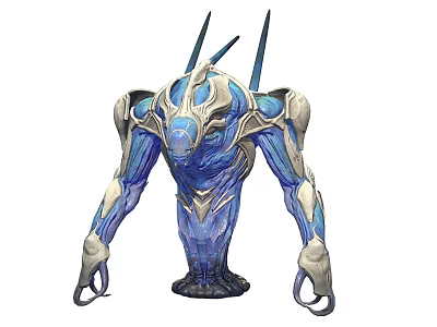 Blue And White Alien Biomechanical Game Movie Character With Spikes And Muscular Limbs 3d model