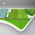 Commercial Equipment Curved Display Model With White Base Green Areas Blue Sections And Greenhouse Structures
