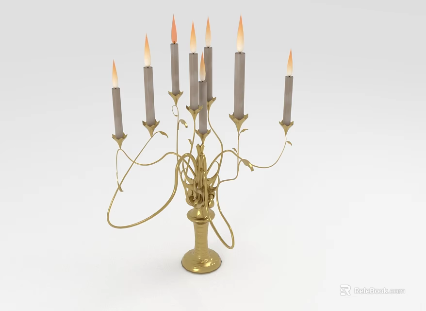 Ornate Golden Candelabra With Multiple Lit Candles And Curved Decorative Branches 3d model 