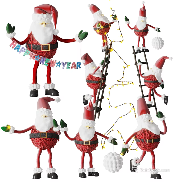 Christmas Decorative Ornament Set With Woven Santa Claus Ladders String Lights And Happy New Year 3d model 
