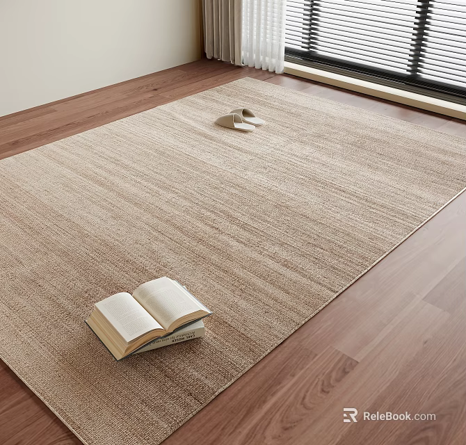 Beige Woven Square Rug With Open Book And Slippers On Wooden Floor 3d model 