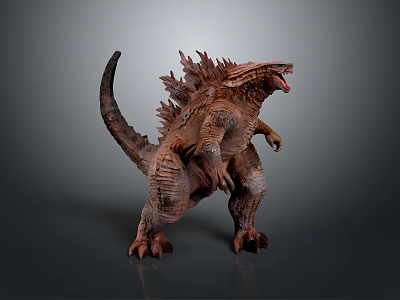 Brown Scaly Monster Creature With Spikes On Back And Open Mouth Standing On Gray Background 3d model