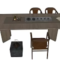Wooden Tea Table and Chairs with Tea Set Vase and Stone Bucket Decor