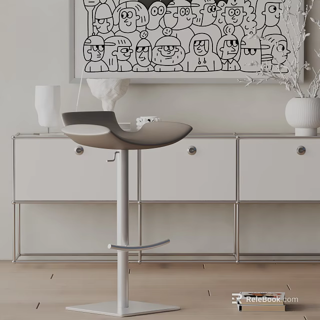 Modern Sleek Bar Stool In Interior Space With White Cabinet And Decorative Art 3d model 