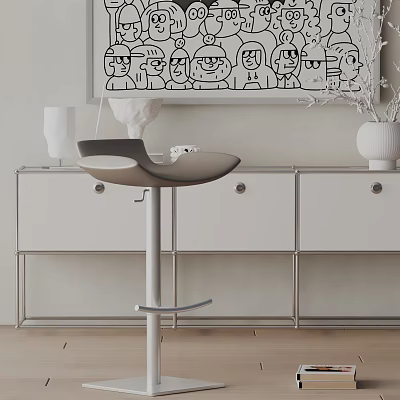 Modern Sleek Bar Stool In Interior Space With White Cabinet And Decorative Art 3d model