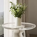 Potted Bonsai Plant In White Vase On Transparent Round Table With Mountain View