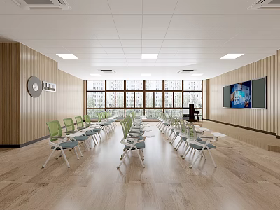 School Conference Room Interior With Folding Chairs And Large Windows 3d model