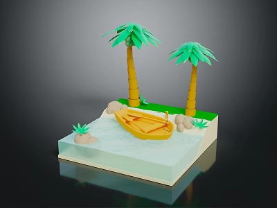 Tropical Natural Scene With Palm Trees Small Boat Calm Water And Rocks 3d model