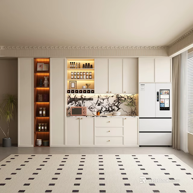 Elegant Modern Kitchen Interior With Wine Cabinet Storage And Glassware 3d model