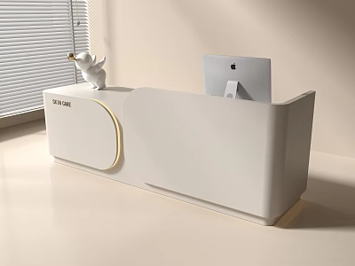 Modern White Reception Desk With Apple iMac Monitor White Bird Ornament And Window Blinds 3d model