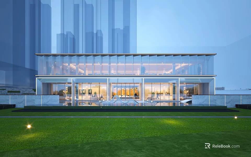 Modern Glass Curtain Wall Residential Building With Green Lawn And Urban Backdrop At Dusk 3d model 
