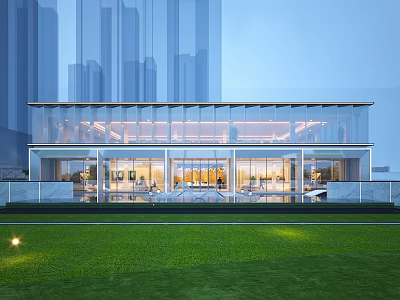 Modern Glass Curtain Wall Residential Building With Green Lawn And Urban Backdrop At Dusk 3d model