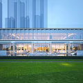Modern Glass Curtain Wall Residential Building With Green Lawn And Urban Backdrop At Dusk
