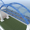 Blue Arch Bridge with Steel Structure and Vehicles Over Water Surface Supported by Piers