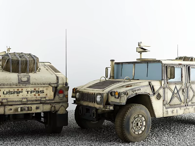 Two Military Humvees with Antennas and Roof Equipment on Gravel Ground 3d model