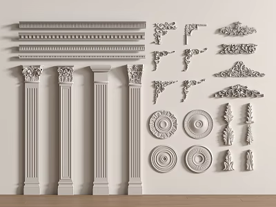 Carved Architectural Decorative Elements Including Columns Cornices Corbels And Rosettes 3d model