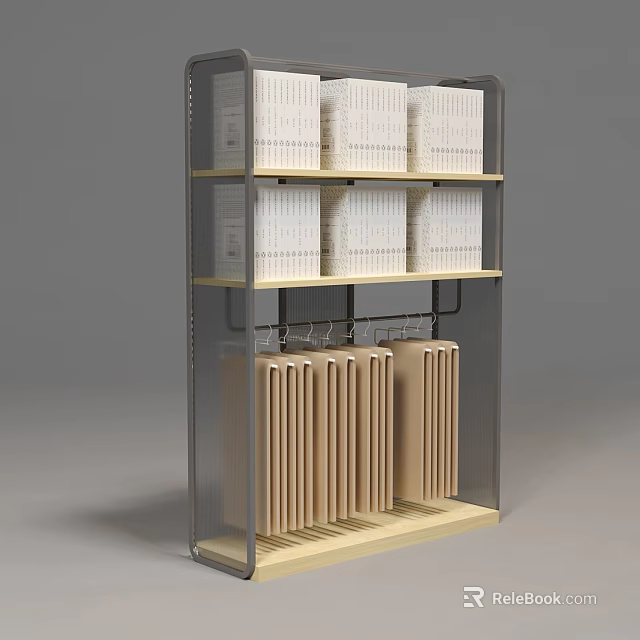 Multi tiered Display Shelving Unit With White Boxes And Beige Storage Items 3d model