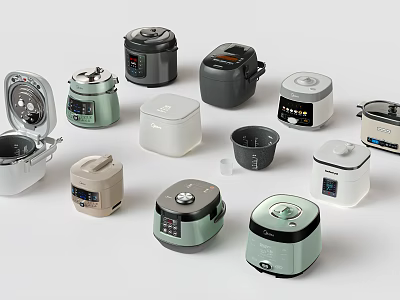 Various Modern Rice Cookers In Different Colors With Inner Pots 3d model