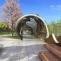 Scenic Park Landscape With Green Trees Cherry Blossom Arched Pergola And Wooden Benches