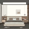 Modern Neutral Toned Bedroom Interior With Bed Wooden Wardrobe Curtains Artwork And Rug