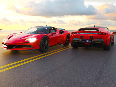 Two Red Sports Cars Parked On Road With Sunset Sky And Sleek Design 3d model