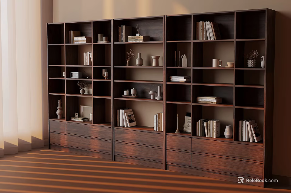 Dark Wooden Bookshelf with Multiple Compartments Books Vases and Decorative Items and Bottom Drawers 3d model 