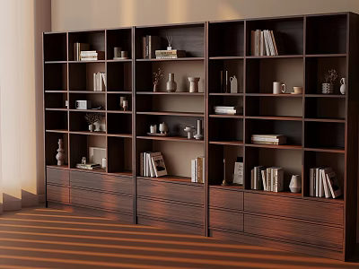Dark Wooden Bookshelf with Multiple Compartments Books Vases and Decorative Items and Bottom Drawers 3d model