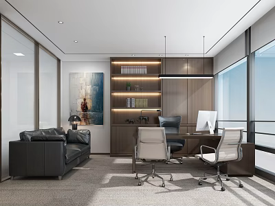 Modern Office Interior With Open Layout Desk Chairs Sofa Bookshelf And Large Windows 3d model
