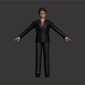Man in Black Suit and Pink Shirt with Arms Outstretched Against Gray Background