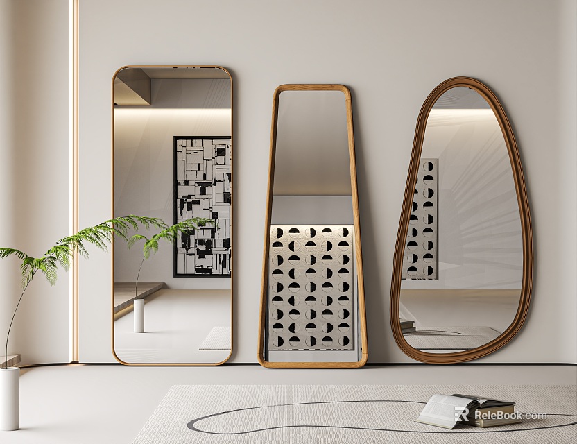 Modern Decorative Mirrors With Wooden Frames In Different Shapes For Living Room Interior 3d model 