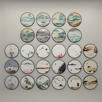 New Chinese-style Round Frame Painting Landscape Decorative Painting Round Hanging Painting Combination 3d model