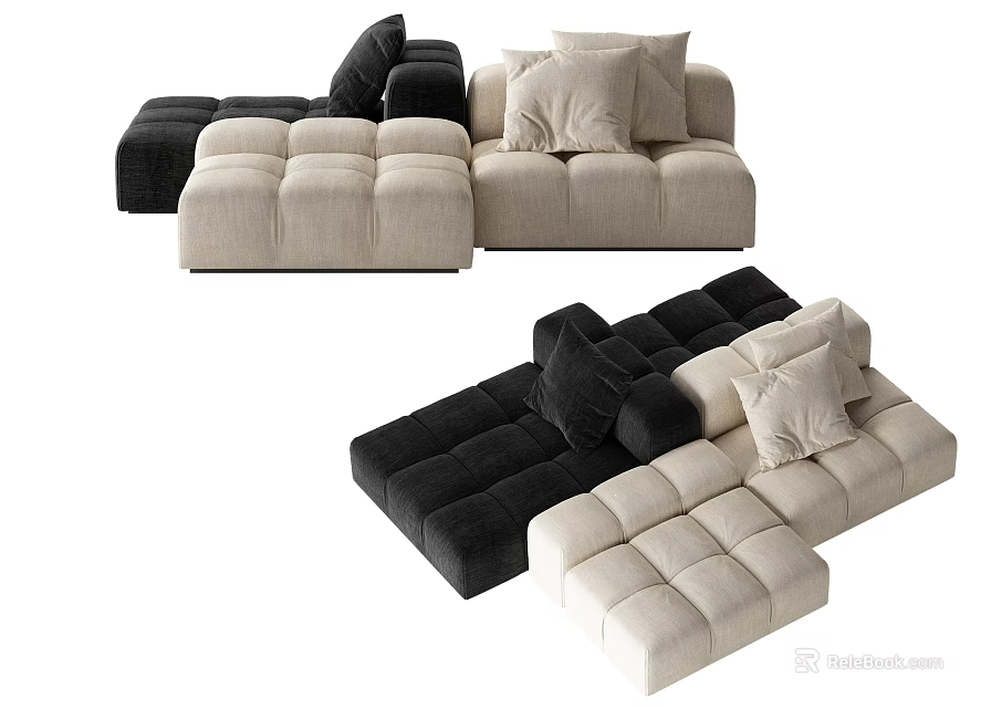 Stylish Modular Sectional Sofa in Black and Beige with Tufted Cushions and Throw Pillows 3d model 