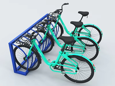 Teal Bicycles With Black Seats And Front Baskets Parked On Blue Rack 3d model