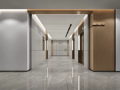 Modern Sleek Elevator Lobby With Marble Floor And Wood Panels 3d model