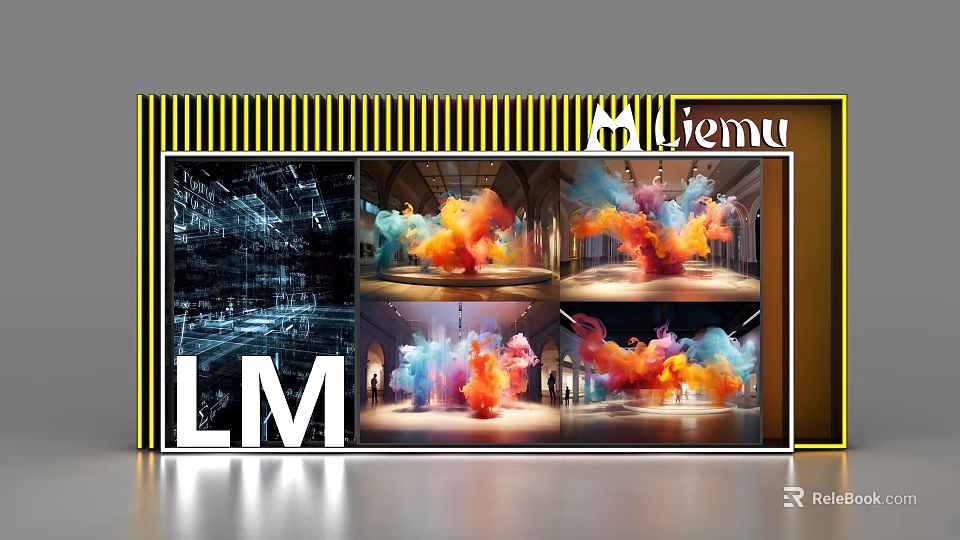 Display Shelves Featuring Colorful Smoke Images in Building with LM Logo and Liemu Brand 3d model 