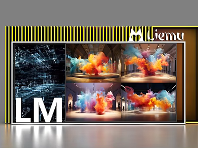 Display Shelves Featuring Colorful Smoke Images in Building with LM Logo and Liemu Brand 3d model