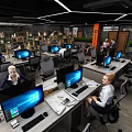 Modern Public Office Space Featuring People Interacting Bookshelves Green Plants and Sofas
