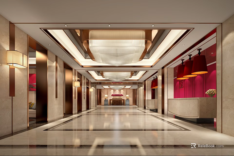 Modern Elegant Hotel Lobby With Chandelier Red Walls Marble Floor And Front Desk 3d model 