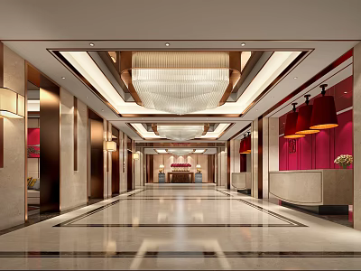Modern Elegant Hotel Lobby With Chandelier Red Walls Marble Floor And Front Desk 3d model