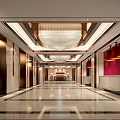 Modern Elegant Hotel Lobby With Chandelier Red Walls Marble Floor And Front Desk
