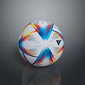 Vibrant White Soccer Ball With Blue Red Yellow Geometric Patterns And Brand Logo