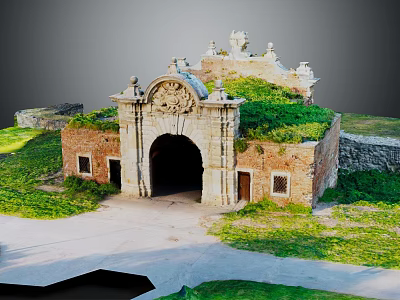 Cartoon Scene of Ancient City Gate With Stone Brick Structure Green Vegetation and Arched Gateway 3d model
