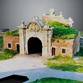 Cartoon Scene of Ancient City Gate With Stone Brick Structure Green Vegetation and Arched Gateway