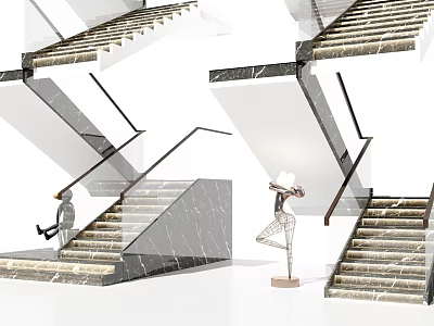 Elegant Modern Marble Staircase Design With Metal Handrail And Sculpture Decor In Interior 3d model