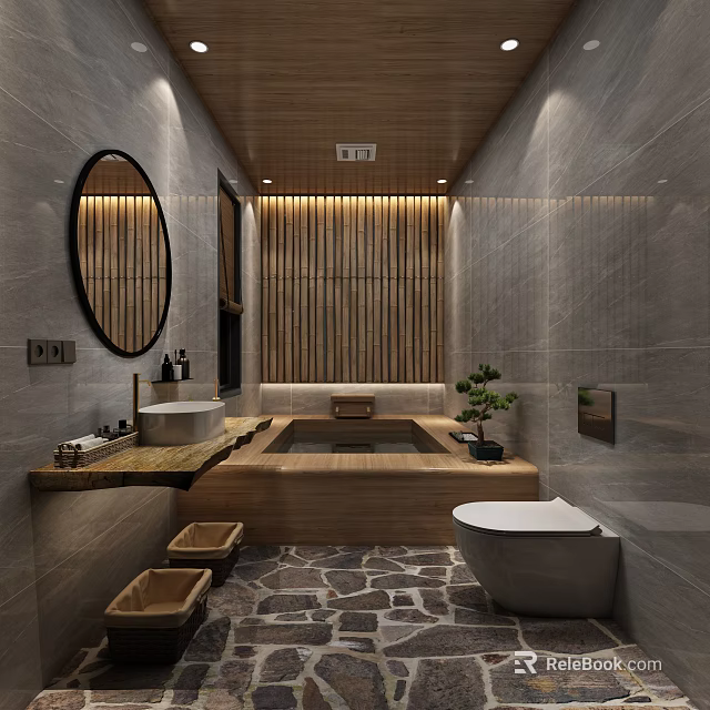 Modern Design Public Restroom With Gray Walls Round Mirror Bamboo Decor And Stone Floor 3d model 