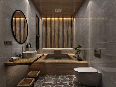 Modern Design Public Restroom With Gray Walls Round Mirror Bamboo Decor And Stone Floor 3d model