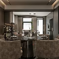 Modern Restaurant With Round Dining Table Gray Chairs Marble Accent Wall And Natural Light