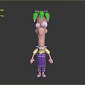 3D Cartoon Game Movie Character with Green Hair Big Eyes Yellow Shirt Purple Pants